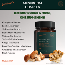 Load image into Gallery viewer, Grandpappi’s Mushroom Complex 60 Vegetable Capsules with Reishi, Shiitake, Lions Mane Extract and more